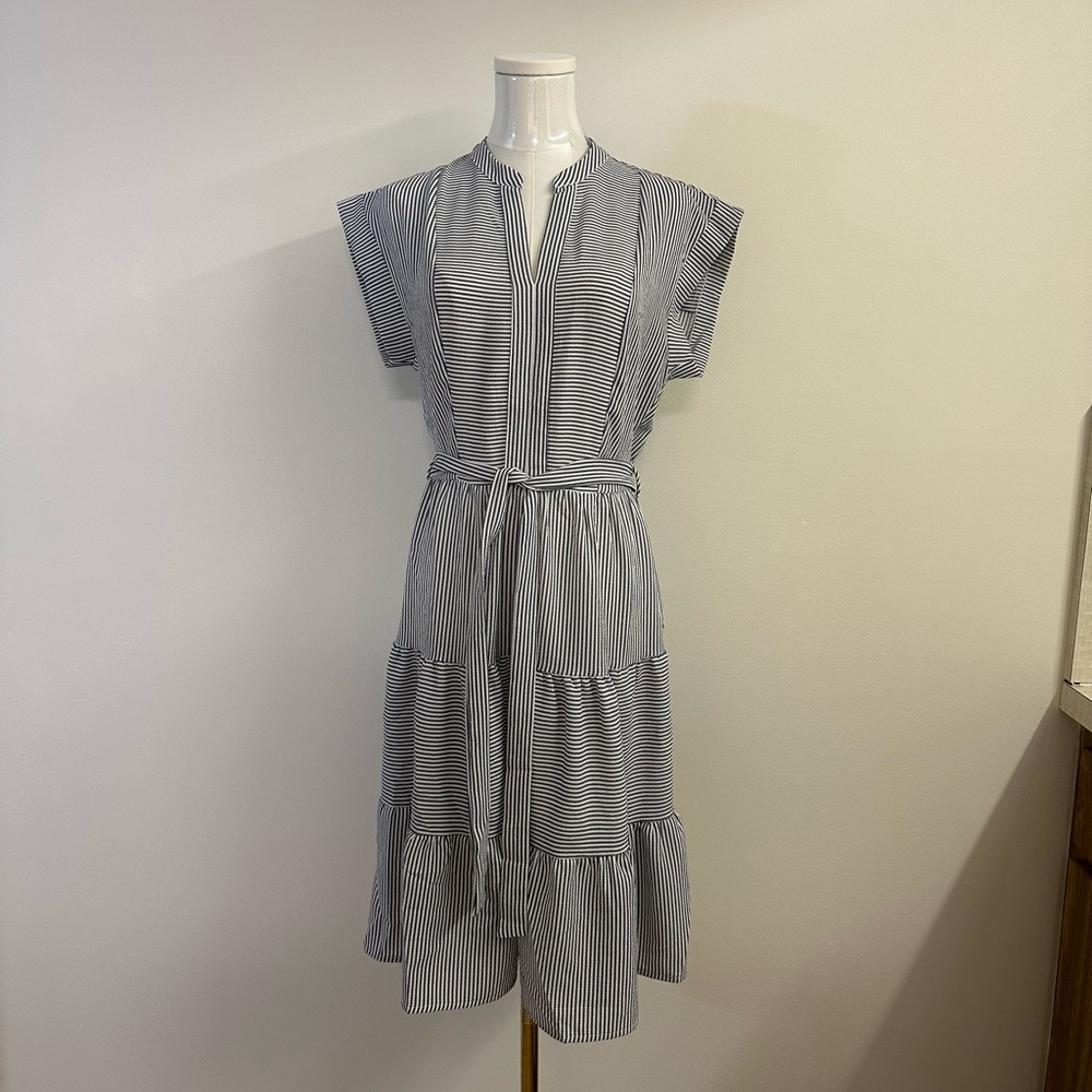 Monteau Navy and White Striped Midi Dress